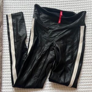 Spanx Black Leather Leggings with White Stripes